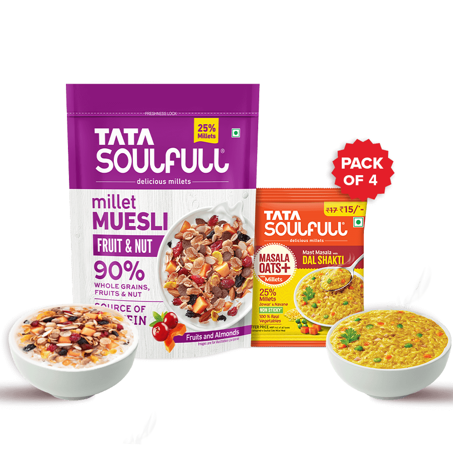 Millet Muesli - Fruit & Nut 500g + Masala Oats+ Dal Shakti - Masala 31g (Pack of 4) | 624g