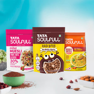 Ragi Bites - No Maida Choco | 375g + Fruit, Nut & Seeds Millet Muesli - 500g + SF MasalaOats+ Dal Masala 500g