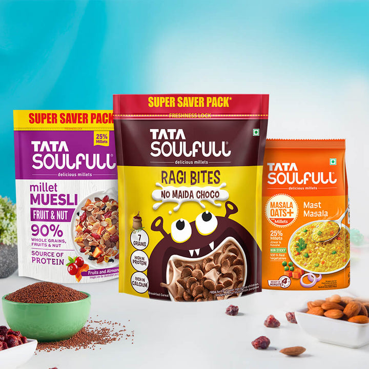 Ragi Bites - No Maida Choco | Super Saver 1.2kg + Millet Muesli - Fruit & Nut | 700g + Masala Oats+ - Mast Masala | 500g